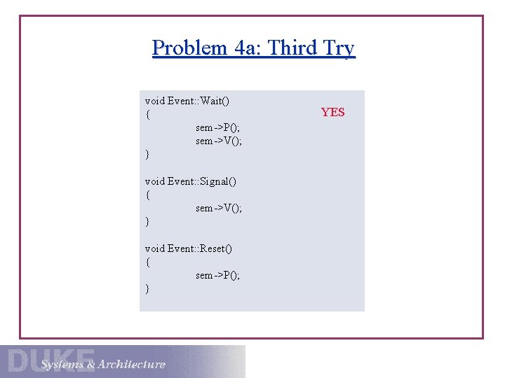 Problem 4 a: Third Try void Event: : Wait() { sem->P(); sem->V(); } void