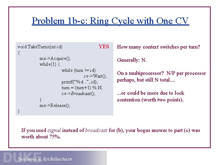 Problem 1 b-c: Ring Cycle with One CV YES void Take. Turns(int id) {