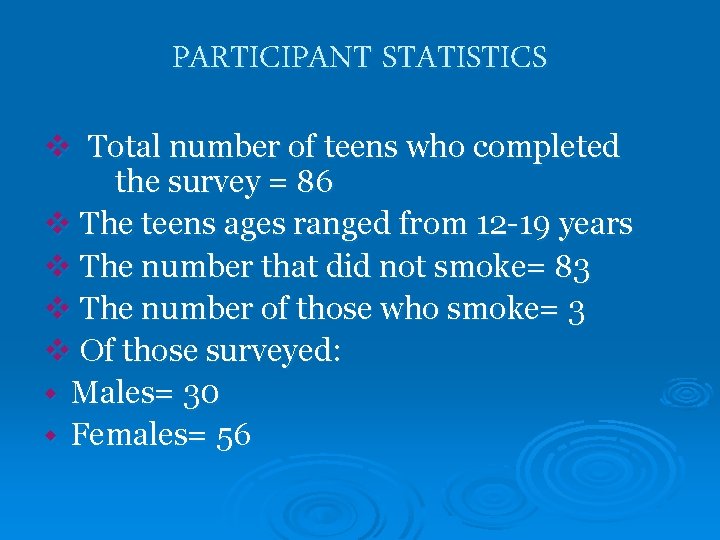 PARTICIPANT STATISTICS v Total number of teens who completed the survey = 86 v