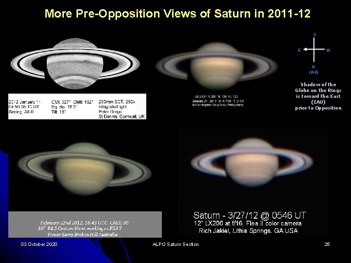 More Pre-Opposition Views of Saturn in 2011 -12 S E W N (IAU) Shadow