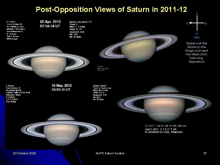 Post-Opposition Views of Saturn in 2011 -12 S E W N (IAU) Shadow of