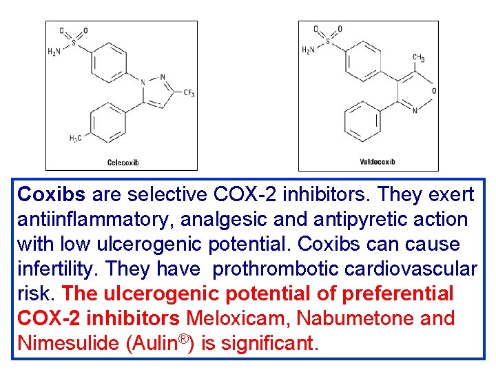 Coxibs are selective COX-2 inhibitors. They exert antiinflammatory, analgesic and antipyretic action with low