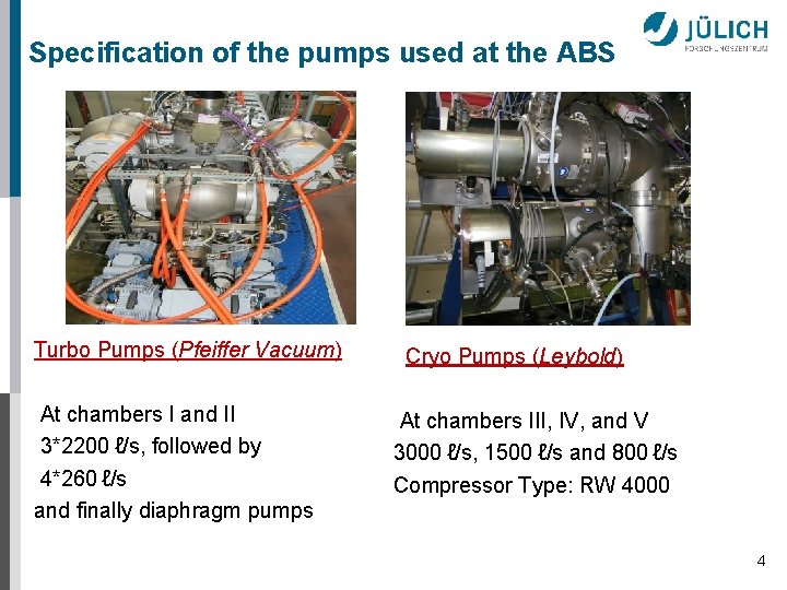 Specification of the pumps used at the ABS Turbo Pumps (Pfeiffer Vacuum) At chambers