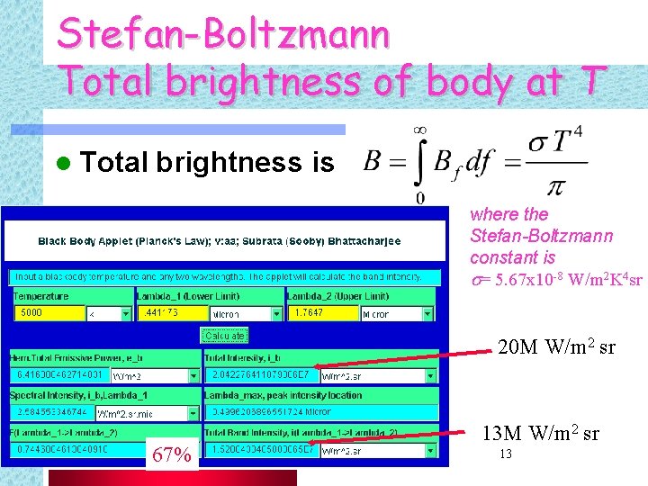 Stefan-Boltzmann Total brightness of body at T l Total brightness is where the Stefan-Boltzmann