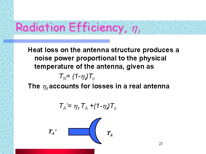 Radiation Efficiency, hl Heat loss on the antenna structure produces a noise power proportional