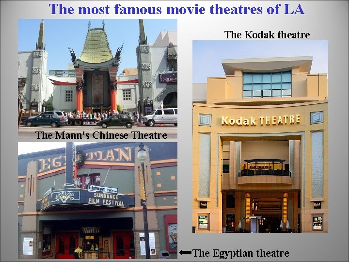 The most famous movie theatres of LA The Kodak theatre The Mann's Chinese Theatre