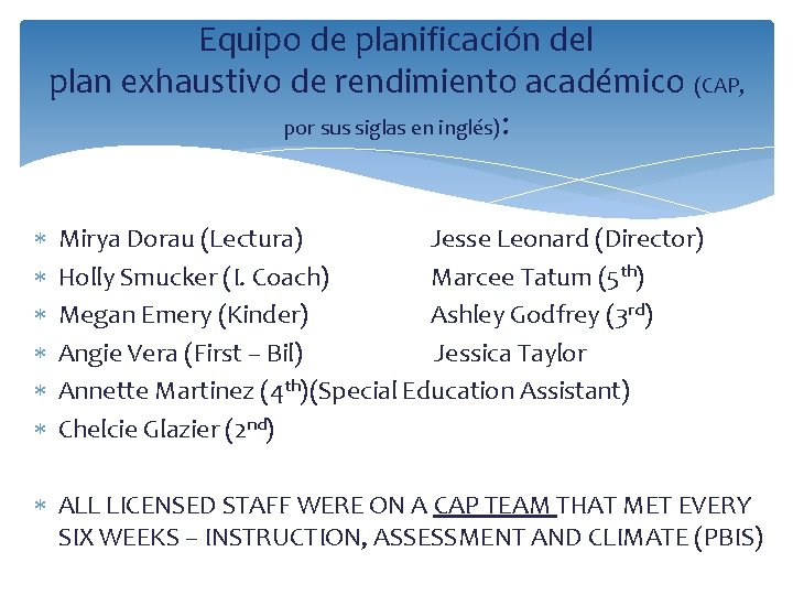Equipo de planificación del plan exhaustivo de rendimiento académico (CAP, por sus siglas en