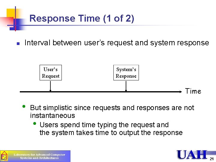 Response Time (1 of 2) n Interval between user’s request and system response User’s