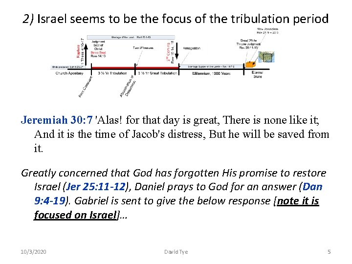 2) Israel seems to be the focus of the tribulation period Jeremiah 30: 7
