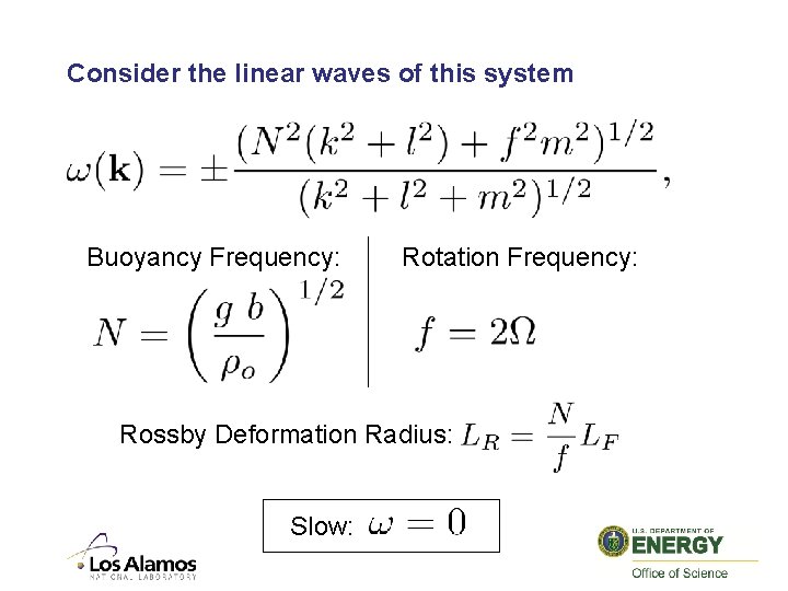 Consider the linear waves of this system Buoyancy Frequency: Rotation Frequency: Rossby Deformation Radius: