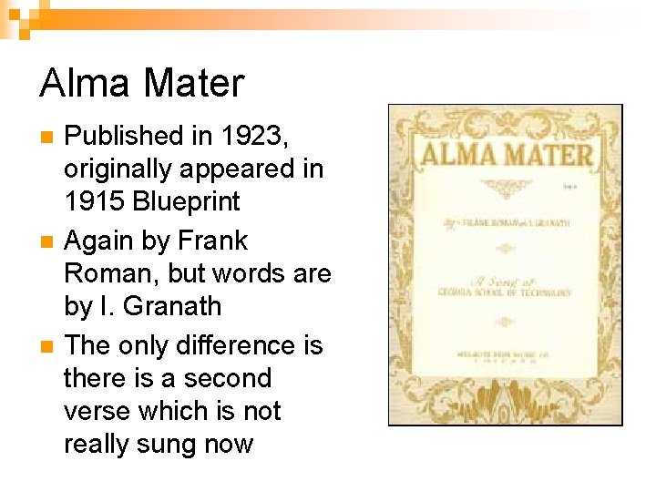 Alma Mater n n n Published in 1923, originally appeared in 1915 Blueprint Again