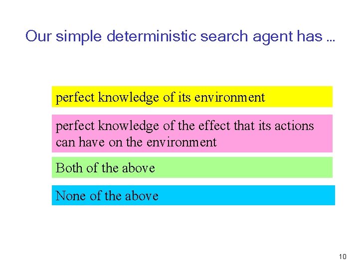 Our simple deterministic search agent has … perfect knowledge of its environment perfect knowledge