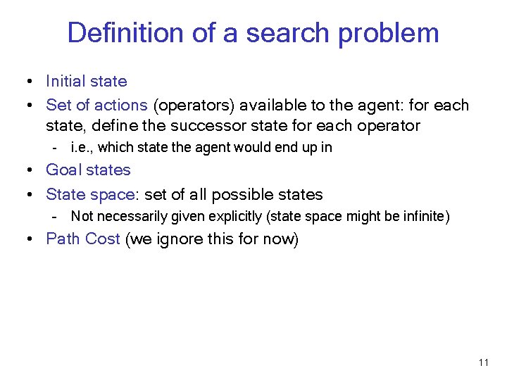Definition of a search problem • Initial state • Set of actions (operators) available