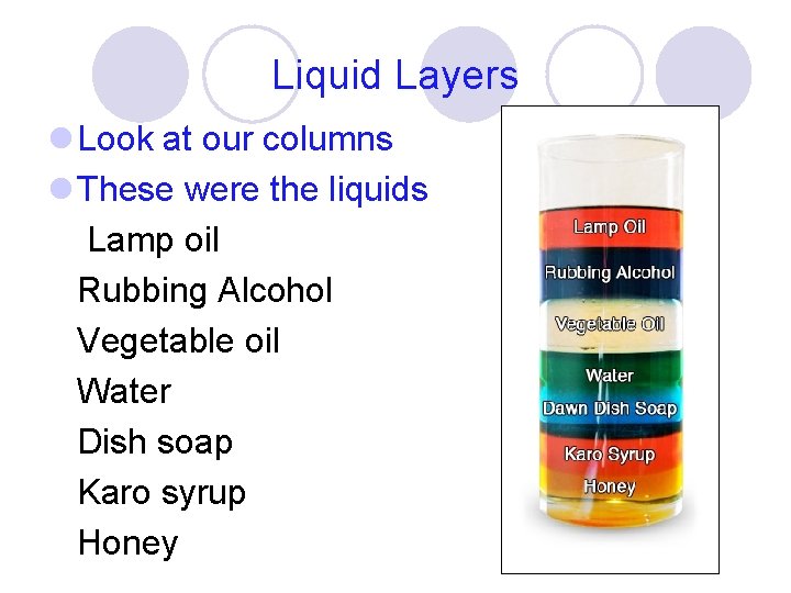 Liquid Layers l Look at our columns l These were the liquids Lamp oil