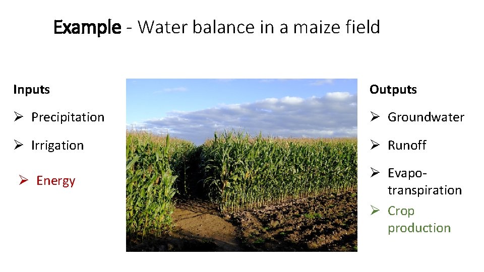 Example - Water balance in a maize field Inputs Outputs Ø Precipitation Ø Groundwater