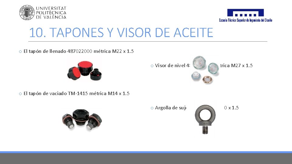10. TAPONES Y VISOR DE ACEITE o El tapón de llenado 487022000 métrica M