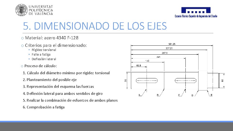 5. DIMENSIONADO DE LOS EJES o Material: acero 4340 F-128 o Criterios para el