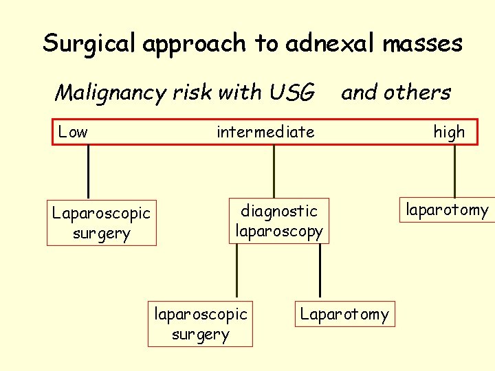 Surgical approach to adnexal masses Malignancy risk with USG Low Laparoscopic surgery and others