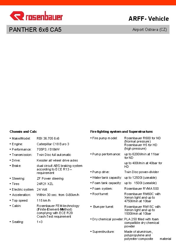 ARFF- Vehicle PANTHER 6 x 6 CA 5 Airport Ostrava (CZ) Chassis and Cab: