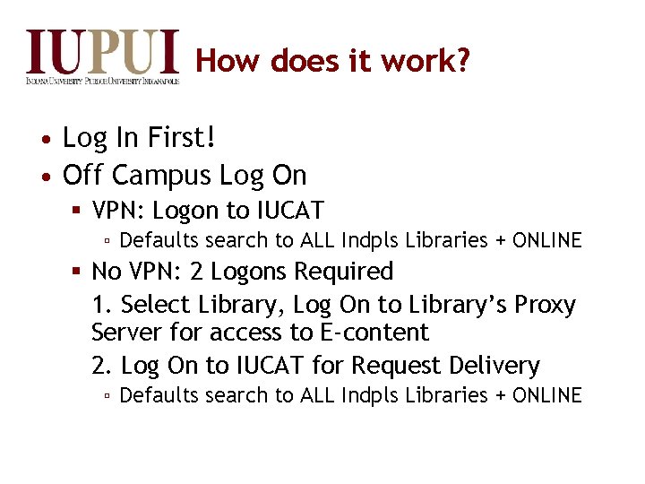How does it work? • Log In First! • Off Campus Log On §