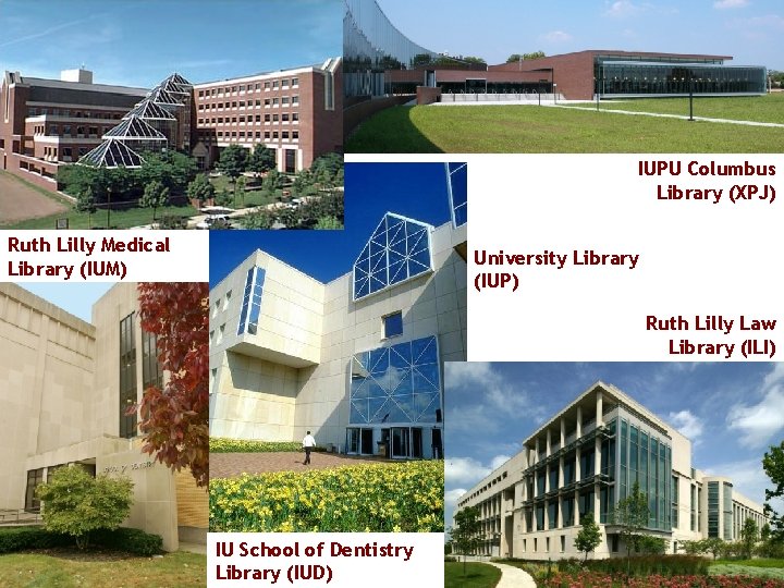 The Libraries of IUPUI IUPU Columbus Library (XPJ) Ruth Lilly Medical Library (IUM) University