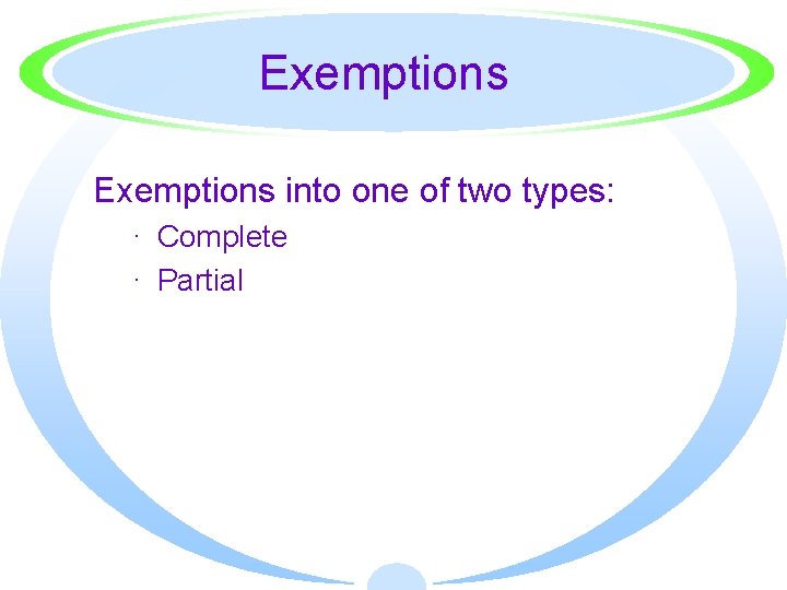 Exemptions into one of two types: · Complete · Partial 