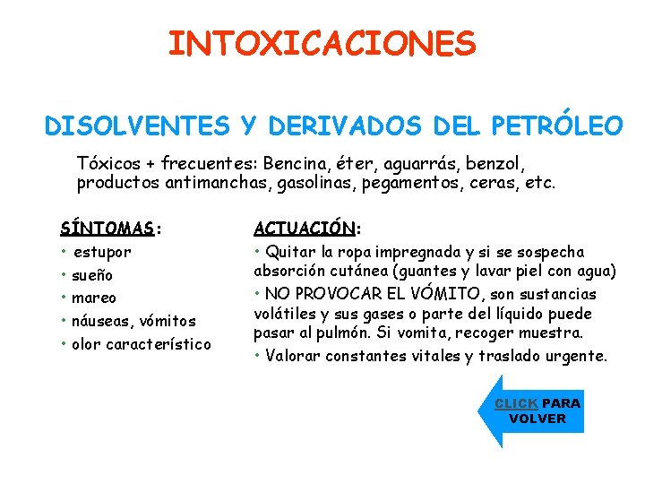 INTOXICACIONES DISOLVENTES Y DERIVADOS DEL PETRÓLEO Tóxicos + frecuentes: Bencina, éter, aguarrás, benzol, productos