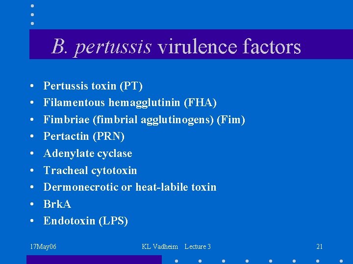 B. pertussis virulence factors • • • Pertussis toxin (PT) Filamentous hemagglutinin (FHA) Fimbriae