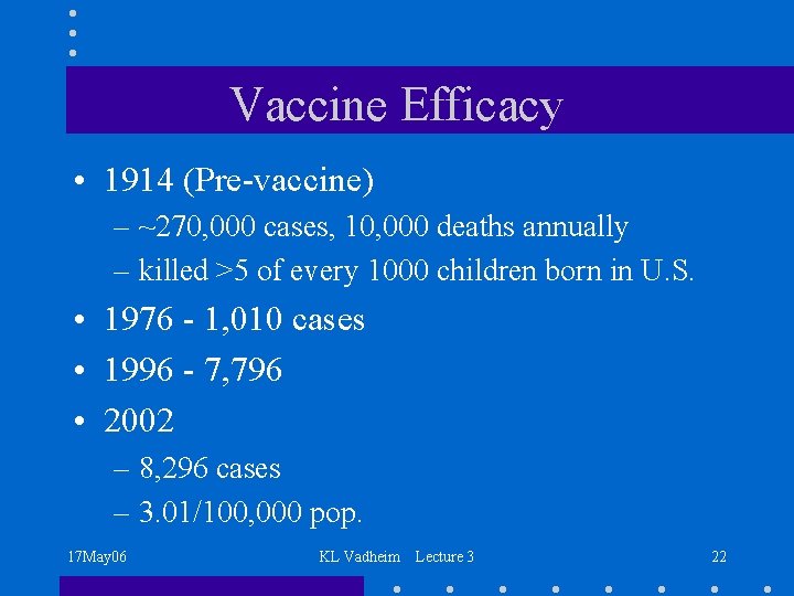 Vaccine Efficacy • 1914 (Pre-vaccine) – ~270, 000 cases, 10, 000 deaths annually –