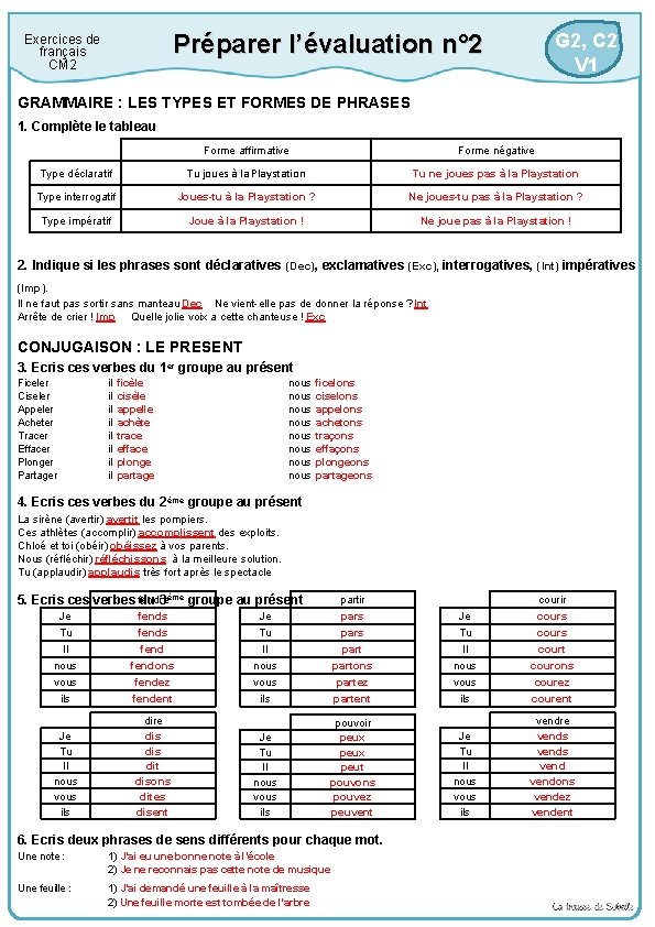 Préparer l’évaluation n° 2 Exercices de français CM 2 G 2, C 2 V