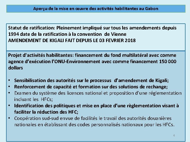 Aperçu de la mise en œuvre des activités habilitantes au Gabon Statut de ratification: