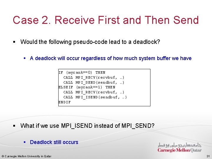 Case 2. Receive First and Then Send § Would the following pseudo-code lead to