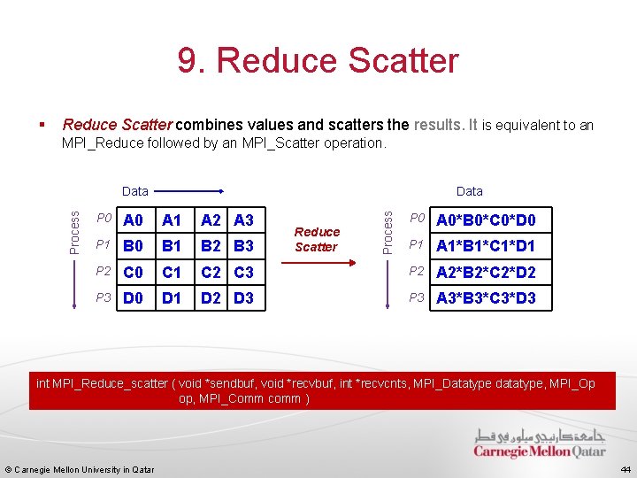 9. Reduce Scatter § Reduce Scatter combines values and scatters the results. It is