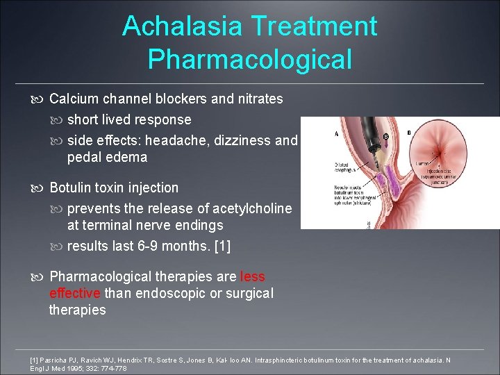 Achalasia Treatment Pharmacological Calcium channel blockers and nitrates short lived response side effects: headache,