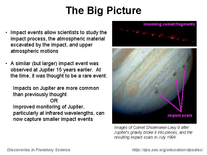 The Big Picture incoming comet fragments • Impact events allow scientists to study the The Big Picture incoming comet fragments • Impact events allow scientists to study the