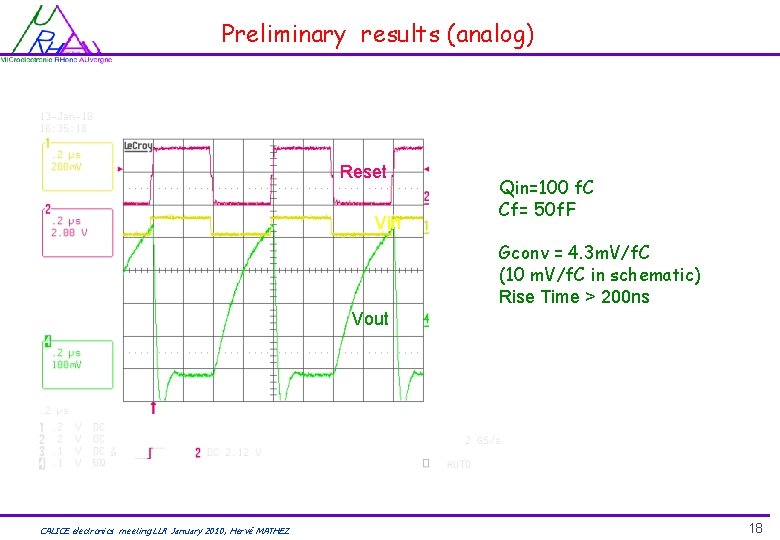 Preliminary results (analog) Reset Vin Qin=100 f. C Cf= 50 f. F Gconv =