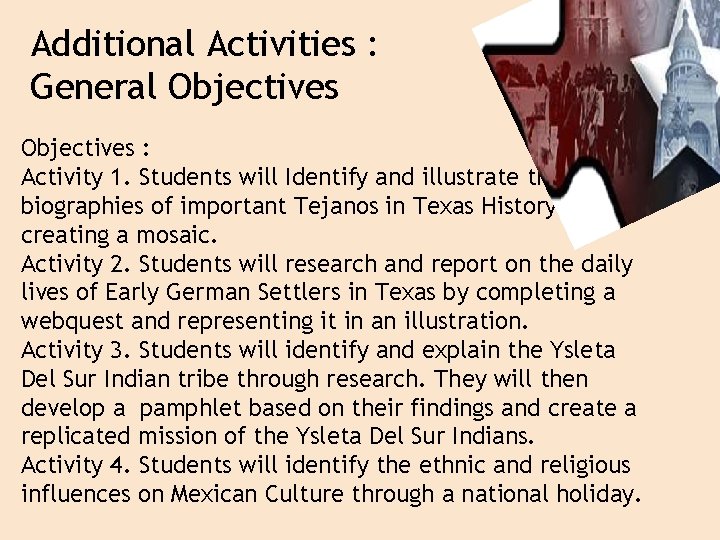 Additional Activities : General Objectives : Activity 1. Students will Identify and illustrate the