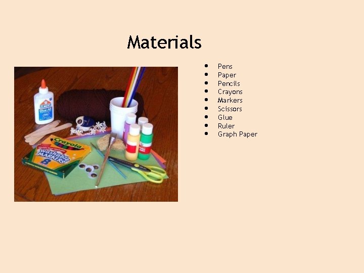 Materials • • • Pens Paper Pencils Crayons Markers Scissors Glue Ruler Graph Paper