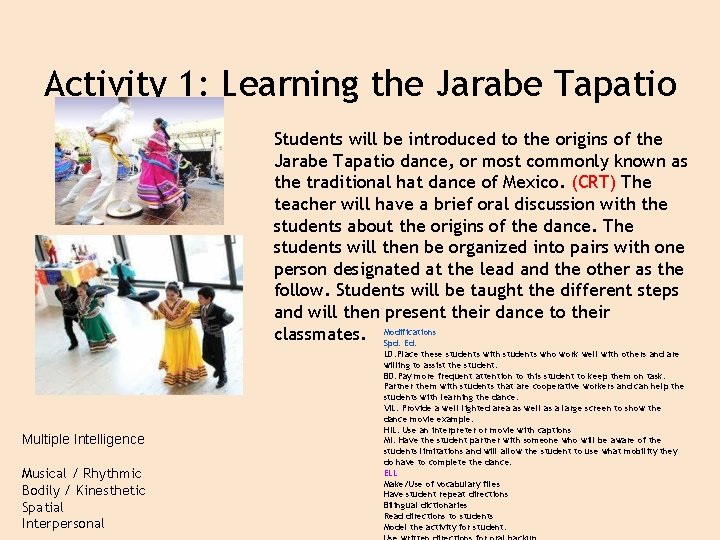 Activity 1: Learning the Jarabe Tapatio Students will be introduced to the origins of