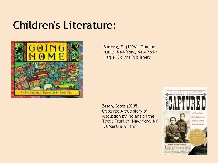 Children's Literature: Bunting, E. (1996). Coming home. New York, New York: Harper Collins Publishers