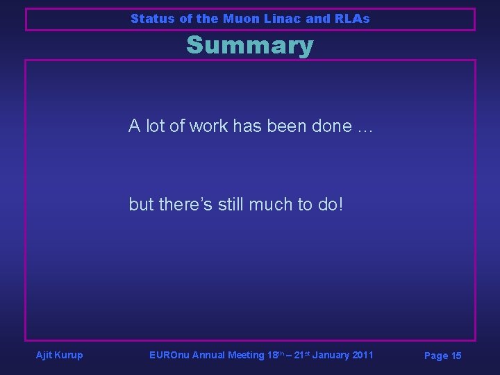 Status of the Muon Linac and RLAs Summary A lot of work has been Status of the Muon Linac and RLAs Summary A lot of work has been