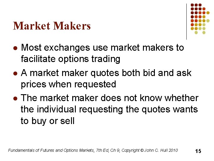 Market Makers l l l Most exchanges use market makers to facilitate options trading