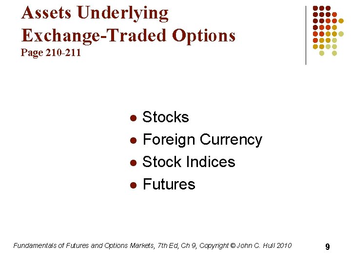 Assets Underlying Exchange-Traded Options Page 210 -211 l l Stocks Foreign Currency Stock Indices