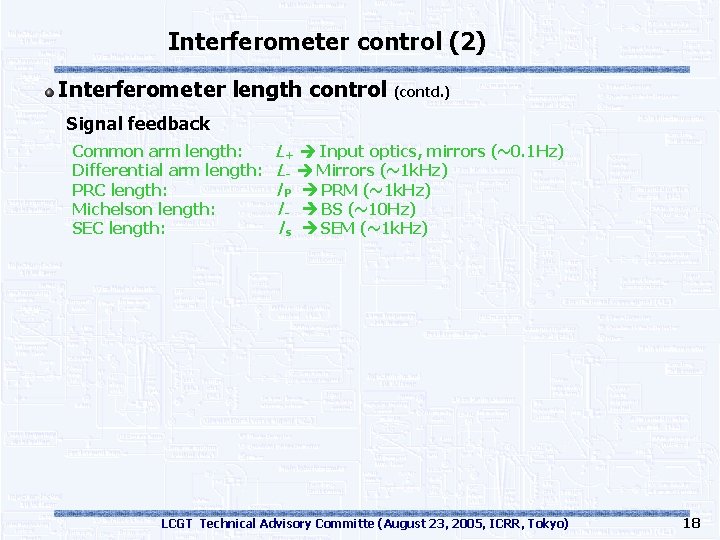 Interferometer control (2) Interferometer length control (contd. ) Signal feedback Common arm length: Differential