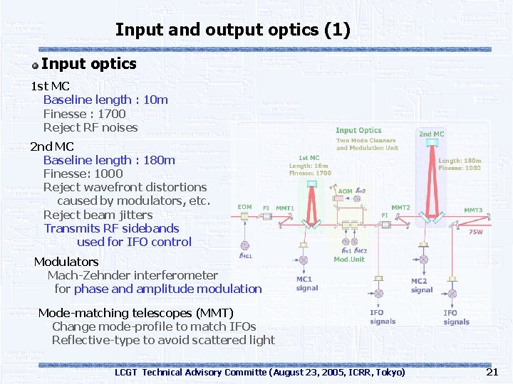 Input and output optics (1) Input optics 1 st MC Baseline length : 10