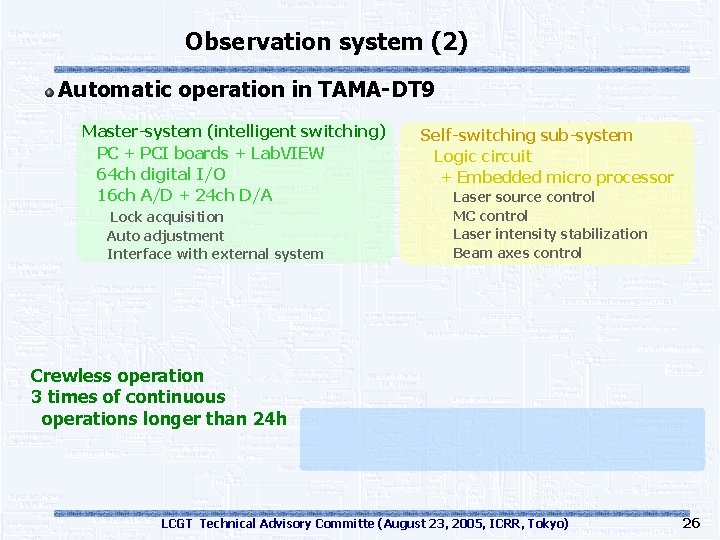 Observation system (2) Automatic operation in TAMA-DT 9 Master-system (intelligent switching) PC + PCI