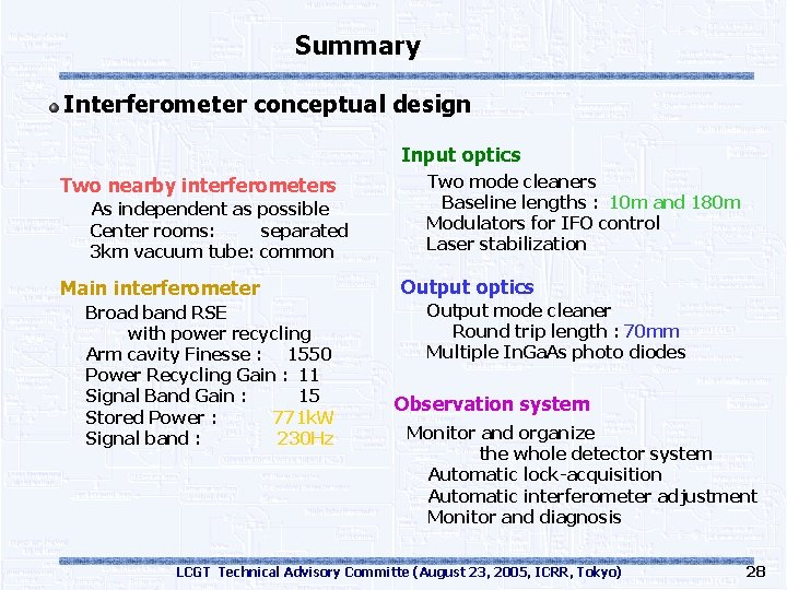 Summary Interferometer conceptual design Input optics Two nearby interferometers As independent as possible Center