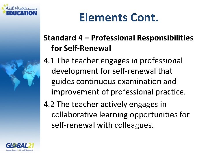 Elements Cont. Standard 4 – Professional Responsibilities for Self-Renewal 4. 1 The teacher engages