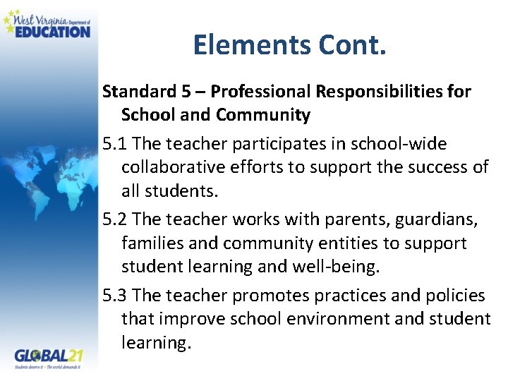 Elements Cont. Standard 5 – Professional Responsibilities for School and Community 5. 1 The