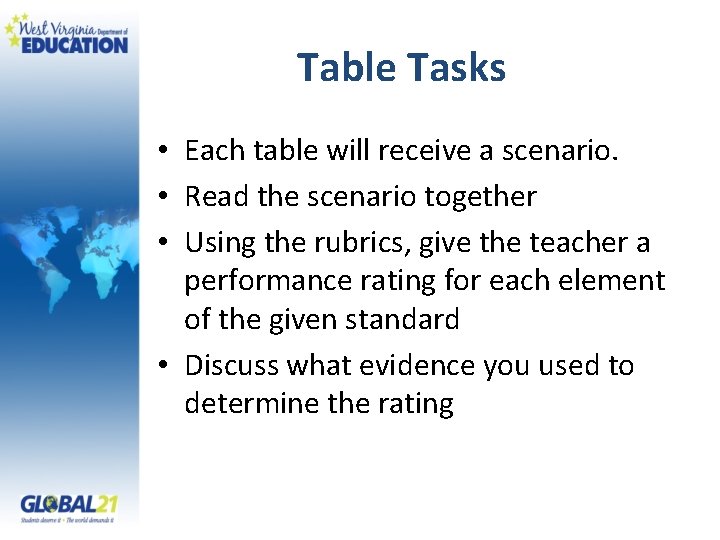 Table Tasks • Each table will receive a scenario. • Read the scenario together